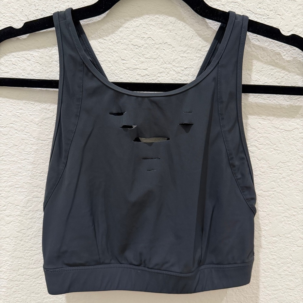 Alo Yoga Laser Cut Distressed Cross Back Sports Bra Black Womens Size S
